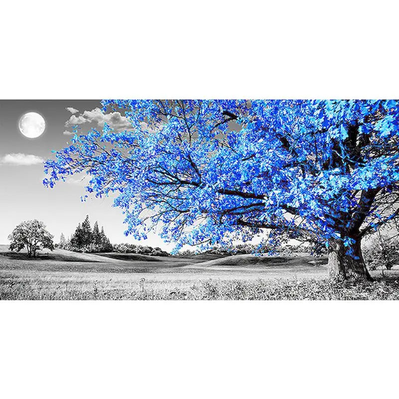 grande toile peinture paysage nocturne arbre fleurs bleu noir blanc décoration murale moderne