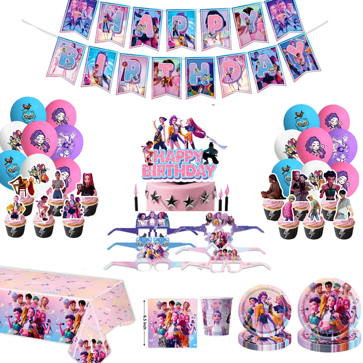 décoration anniversaire pop moderne happy birthday banner galets gobelets serviettes transparentes adhésives multicolores festives