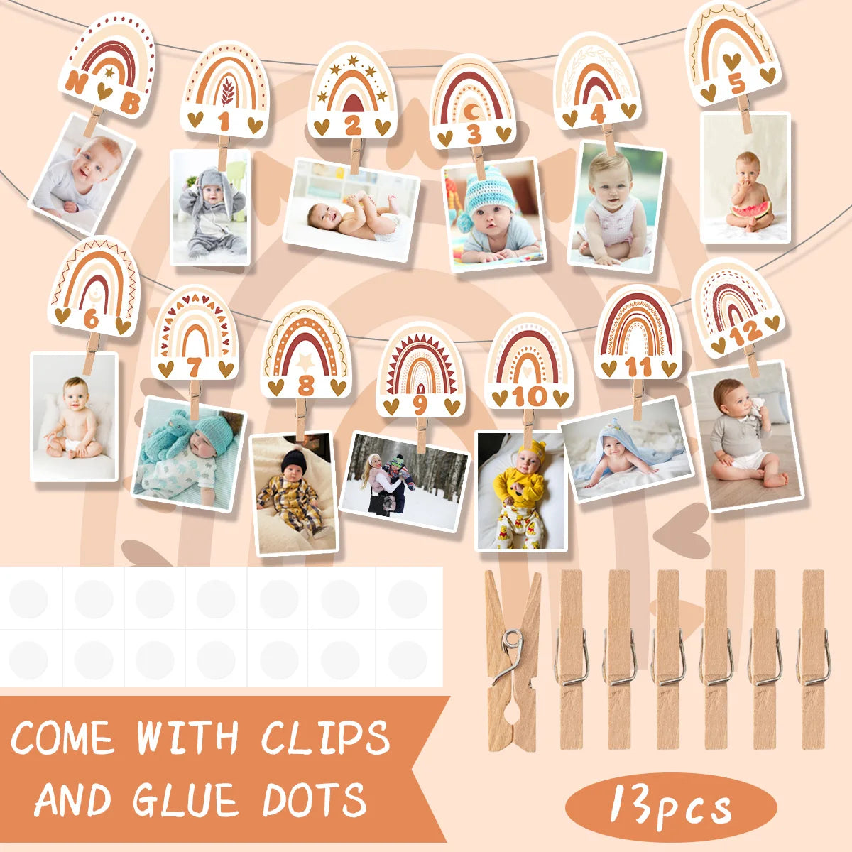 cadre photo boho arc ciel coeurs chiffres beige rose blanc clips adhésifs mur decoration