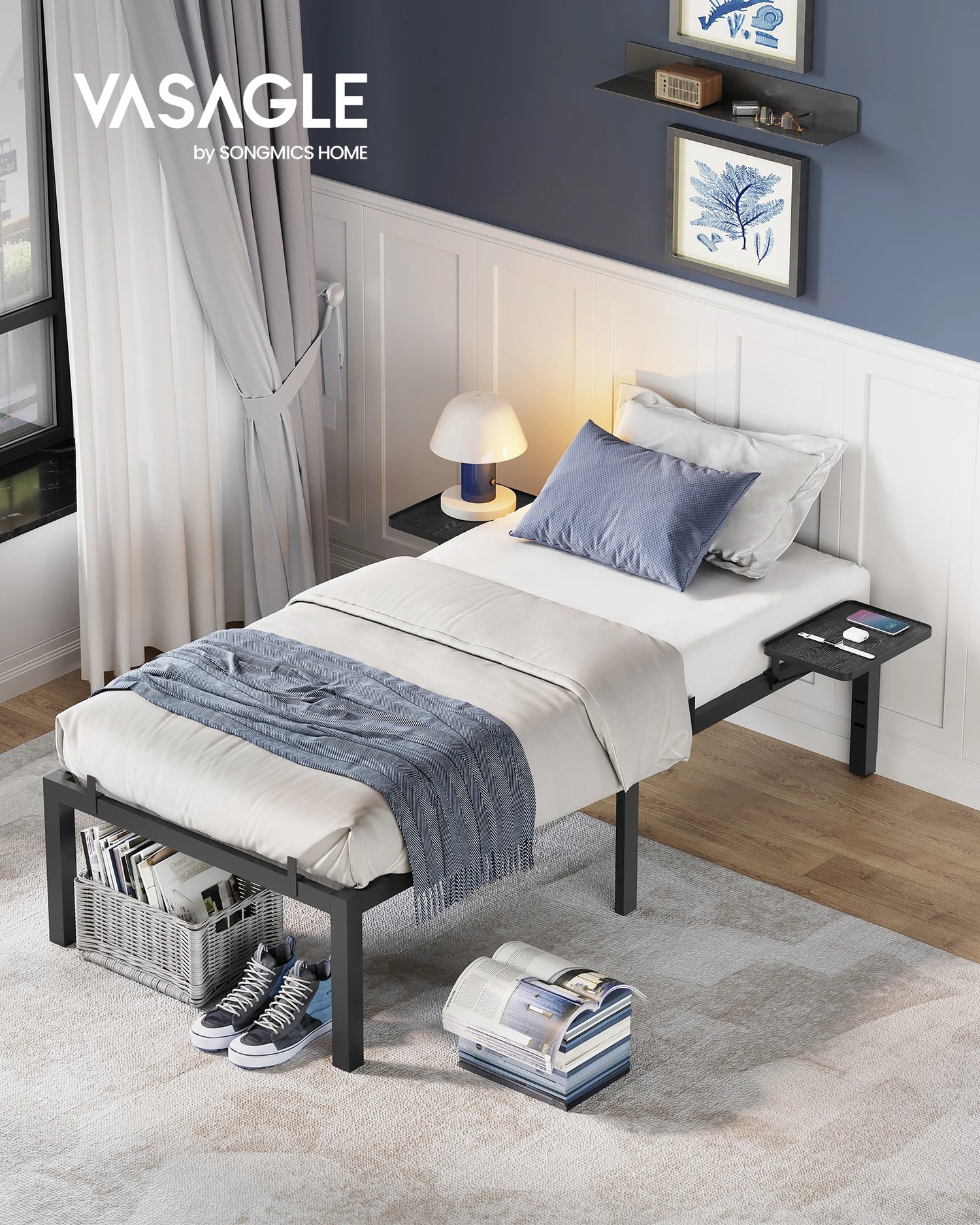 Cadre de lit 90x190 noir avec tête de lit et étagères de rangement