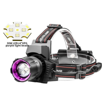 lampe frontale uv 395nm led rechargeable zoomable noir violet blanc