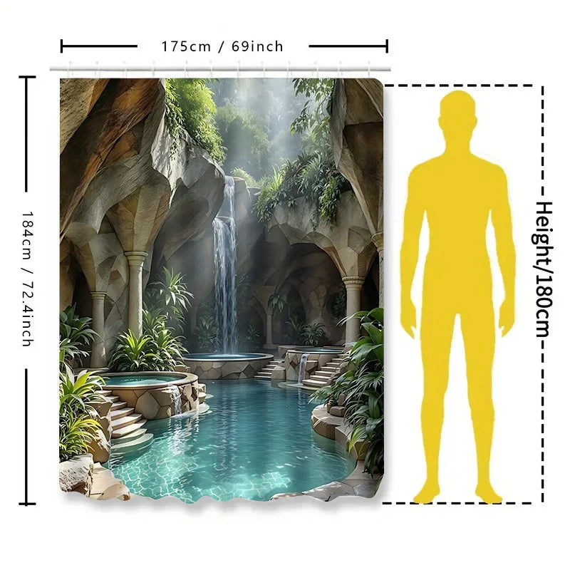 rideau douche moderne cascade paysagère bleu clair vert rochers opacité crochets