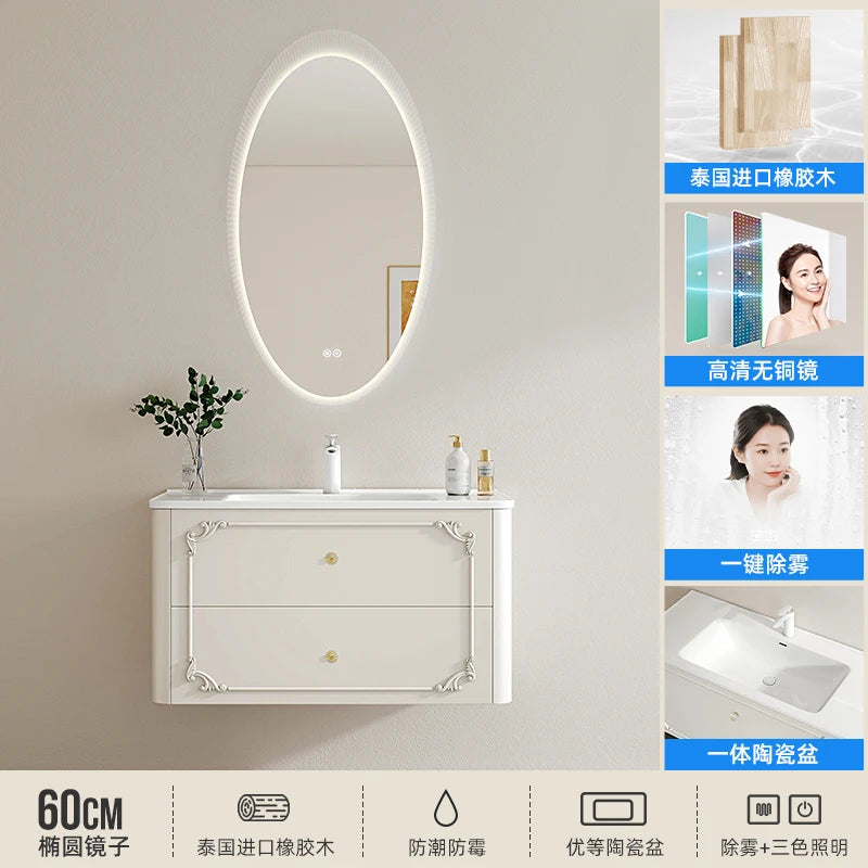 meuble salle bain noir blanc tiroirs vasque ornements dorés classique fixations murales accessoires cosmétiques