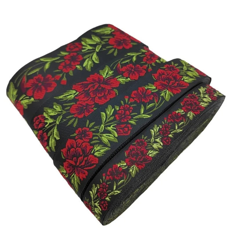 ruban polyester fleurs brodées noir rouge vert 2cm 3.3cm 5cm opacité broderie 5mètres tissu