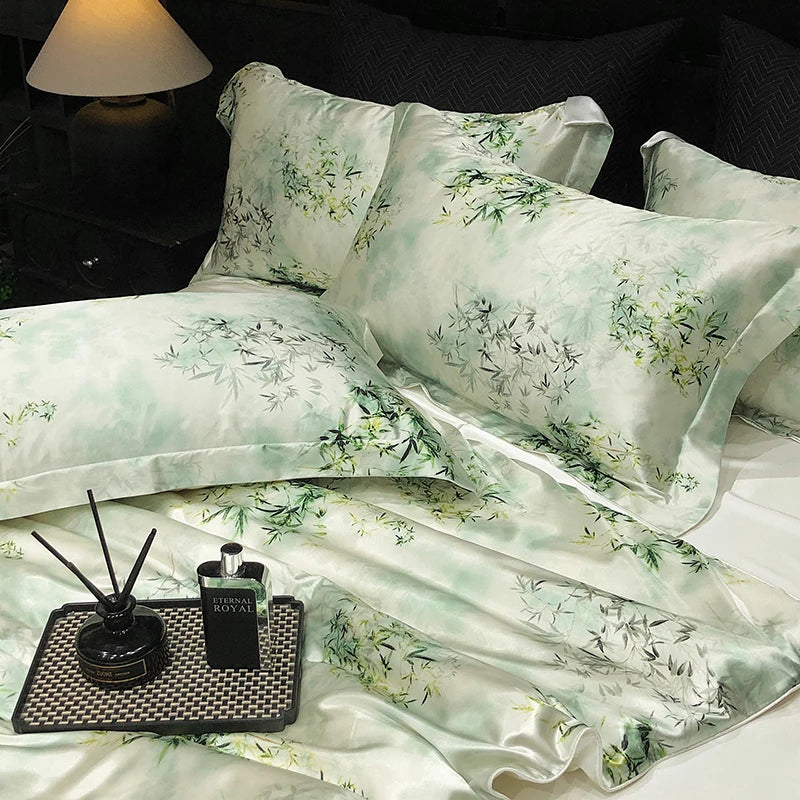 drap lit vert clair blanc motif feuilles bambou coton doux coton naturel