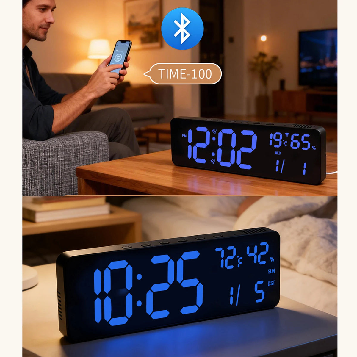 horloge murale numérique moderne alarme calendrier snooze minuteur écran LED couleur batterie télécommande