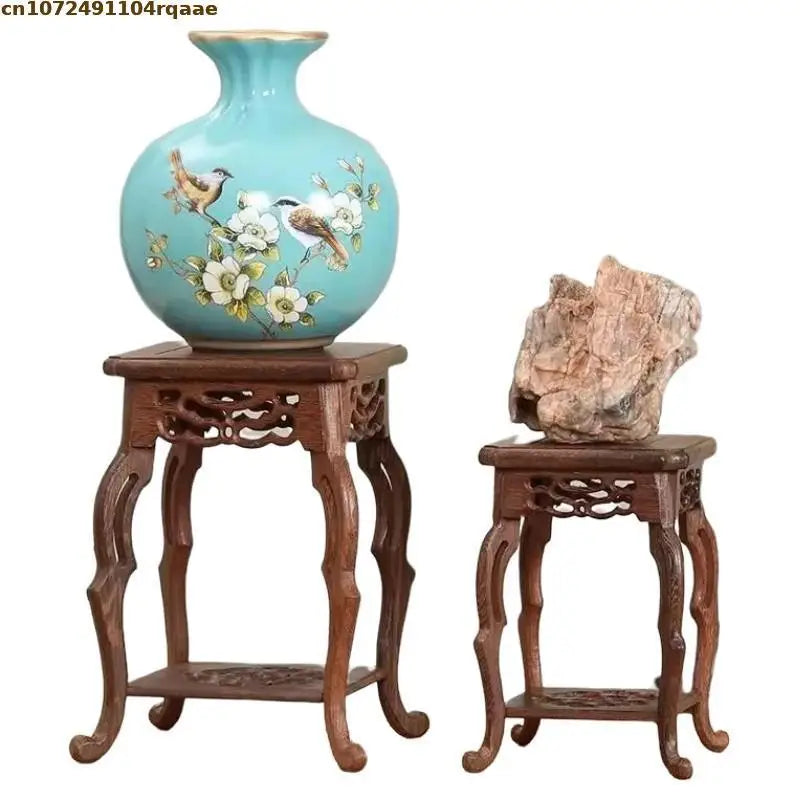 table basse bois sculpté classique stand pot fleur décoration maison marron clair
