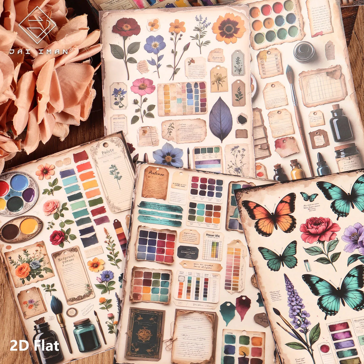 autocollants vintage multicolores floral adhésifs scrapbooking papier fleurs papillons étiquettes pinceaux peinture palette