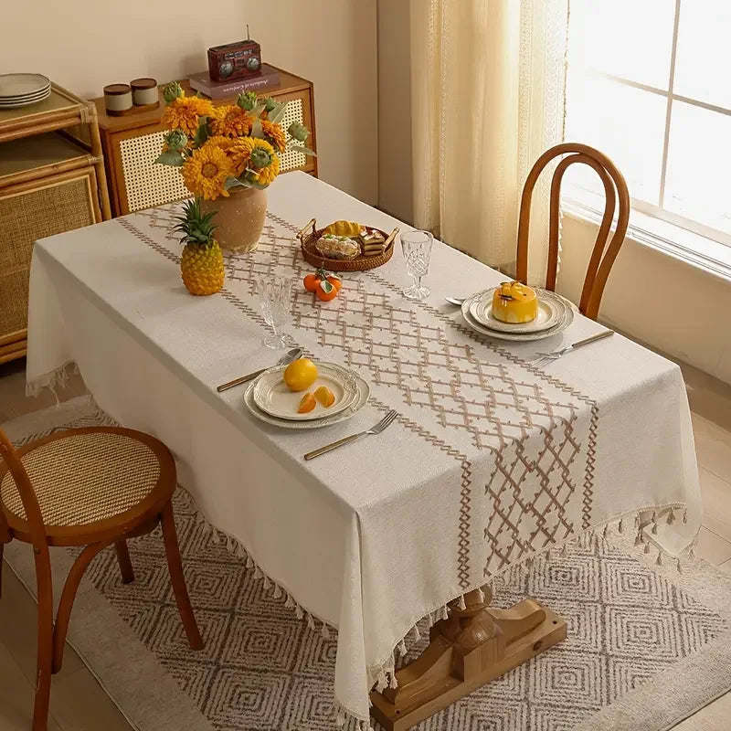 nappe brodée lin polyester rectangle motifs géométriques franges bohème rustiqueextérieur mariage fête crème marron