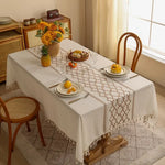 nappe brodée lin polyester rectangle motifs géométriques franges bohème rustiqueextérieur mariage fête crème marron