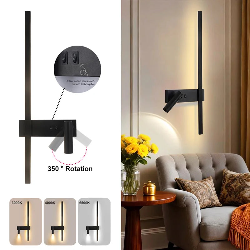 lampes murales modernes LED noir doré rotation 350° cuisine chambre coucher salon étude