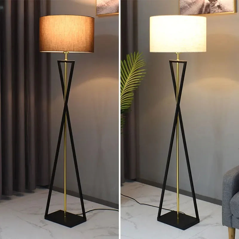 lampe sol moderne abat jour tissé structure géométrique noir doré led minimaliste