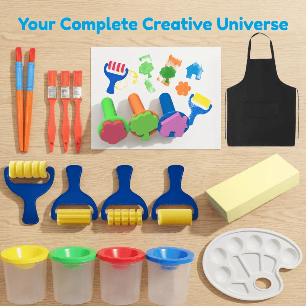 kit art créatif pinceaux tampons rouleaux palette peinture éponge tablier motifs fruits maison enfants