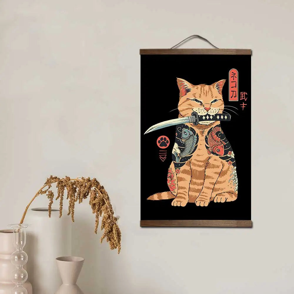 affiche toile cadre bois art japonais chat lapin samouraï décoration murale salon chambre