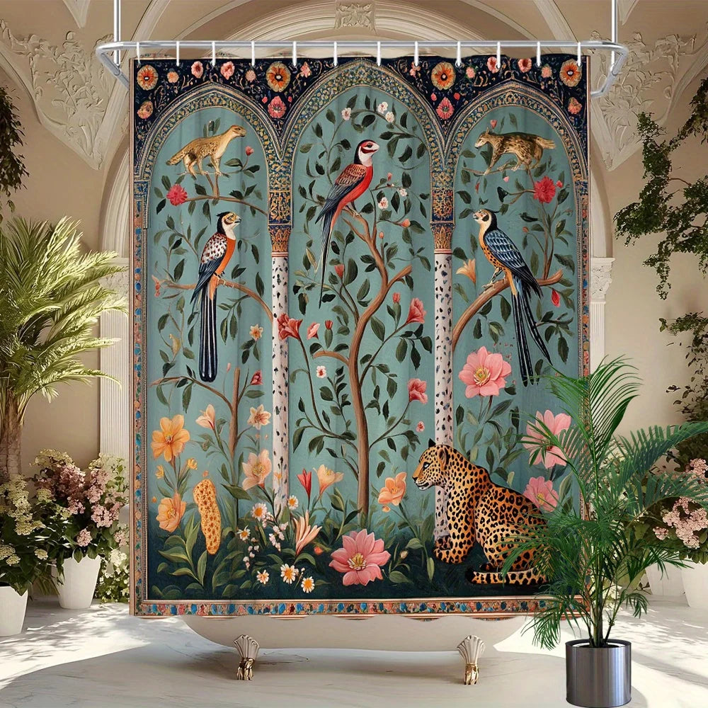 rideau douche floral oiseaux léopard art nouveau 12 anneaux métalliques