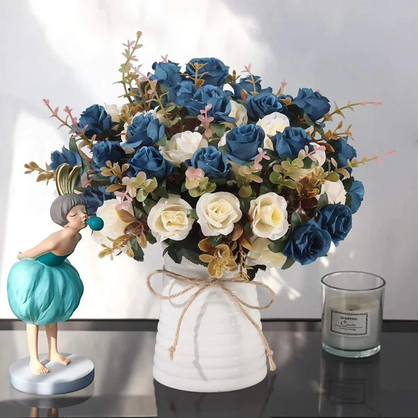 décoration maison bouquet fleurs artificielles rouge crème bleu vert extérieur champêtre