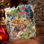 sticker vintage steampunk puzzle livre ouvert illustration détaillée personnages bâtiments floral multicolore enfants