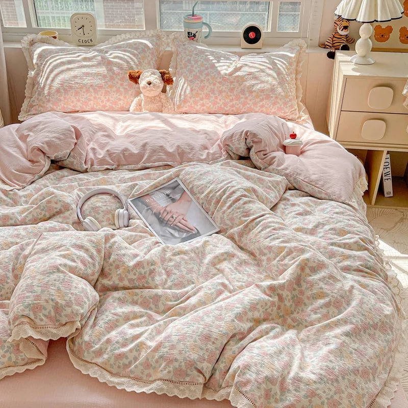 ensemble literie floral rose blanc vintage 150x200cm 200x230cm doux 4pièces