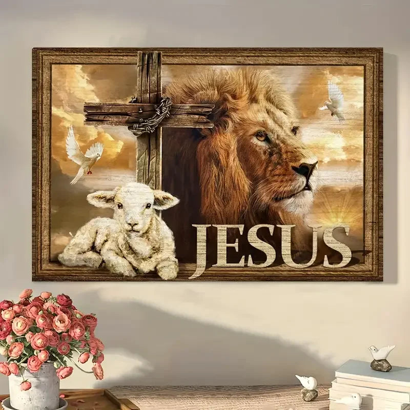 toile peinte lion agneau jesus religieuse salon chambre abstraite multicolore horizontal rectangle