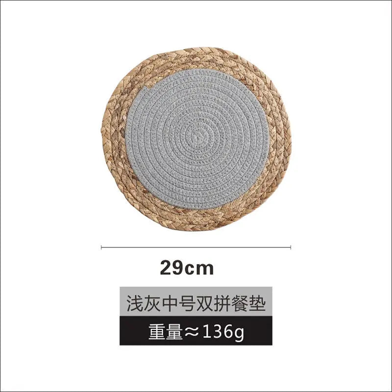 tapis table boho rustique tissé main naturel gris blanc cercles concentriques simple