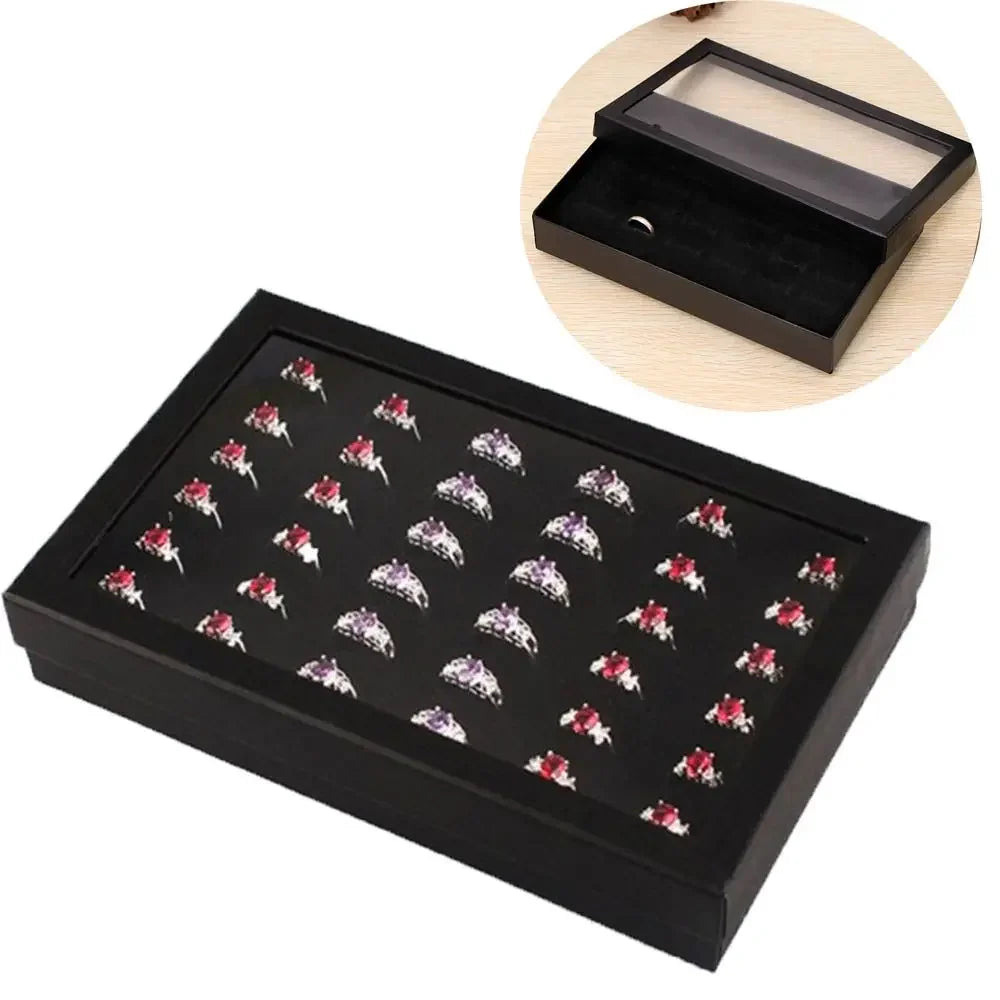 présentoir bijoux bagues velours transparent blanc noir classique élégant 21.7x13.5x3 cm 36 fentes