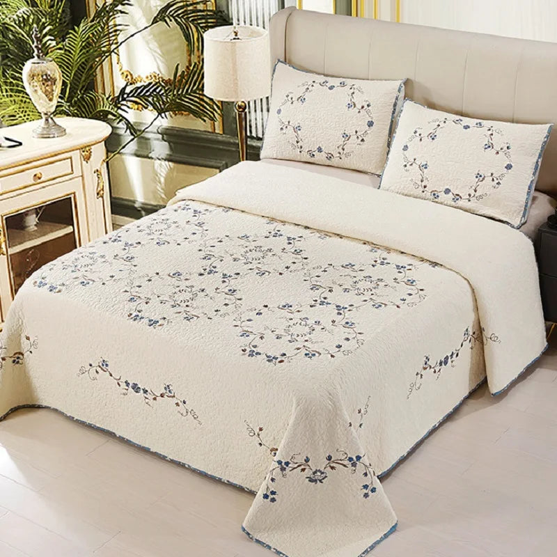 littoile ensemble literie couverture taies oreillers motifs floraux crème bleu marron quilting texturé champêtre