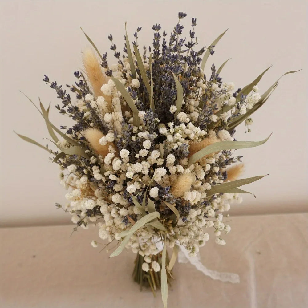 bouquet fleurs séchées naturel violettes blanches vertes décoration maison mariage anniversaire baby shower