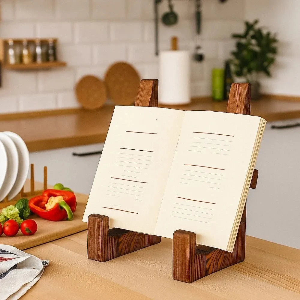 présentoir bois marron support livre document minimaliste rustique multifonctionnel réutilisable papier lignes noires