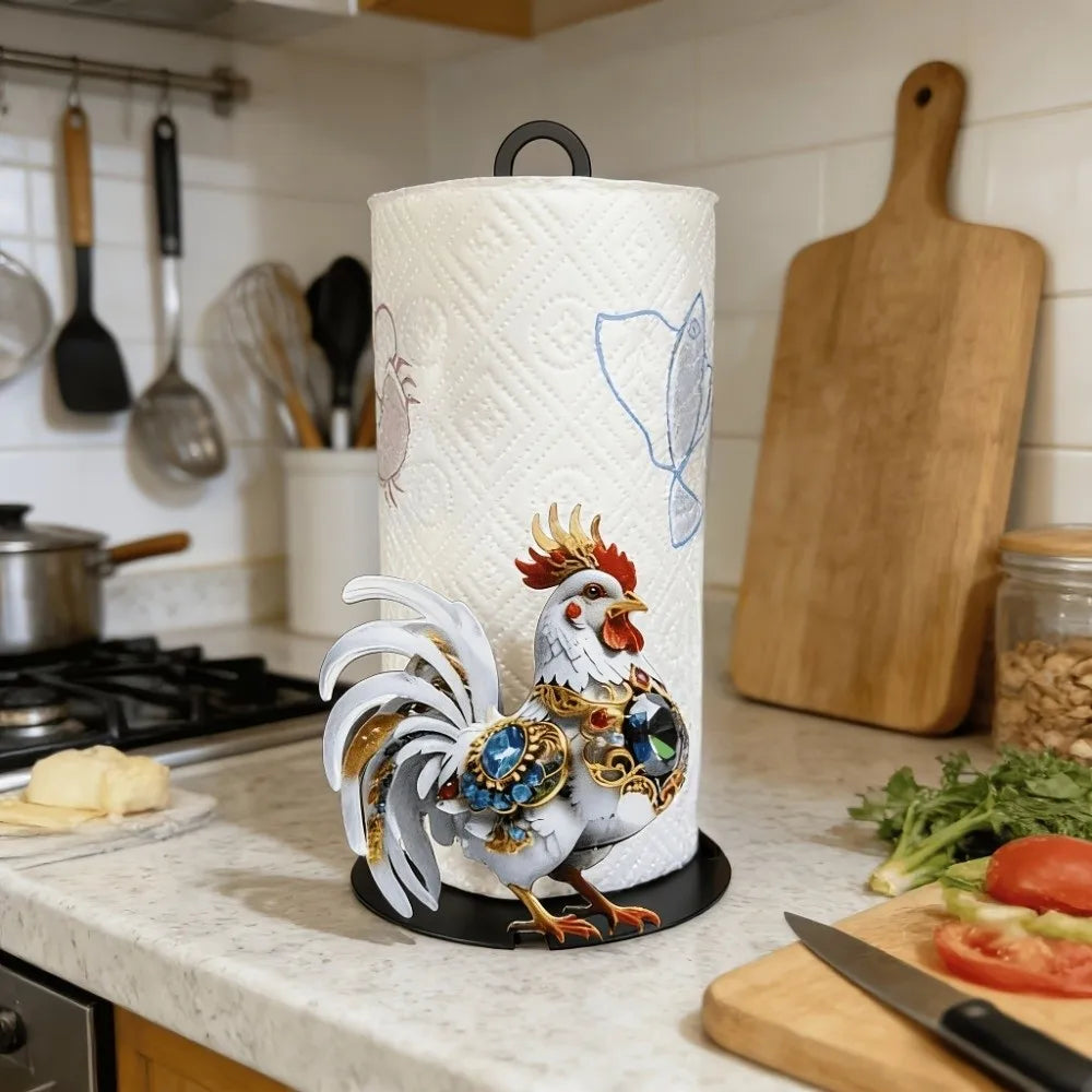 porte rouleau papier essuie tout coq décoratif motifs floraux bijoux fantaisie champêtre rustique blanc