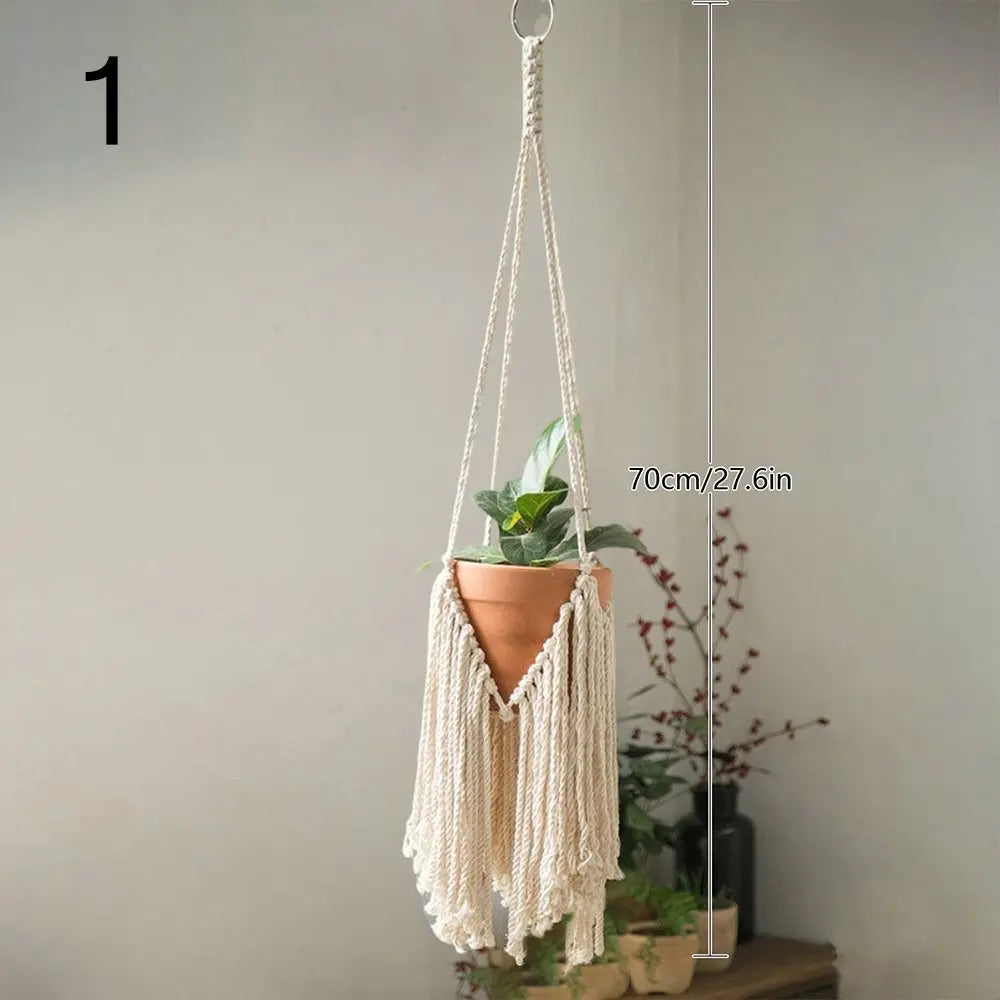 Suspension plante macramé boho blanc cassé anneaux métalliques pot fleurs non decoration