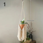 Suspension plante macramé boho blanc cassé anneaux métalliques pot fleurs non decoration