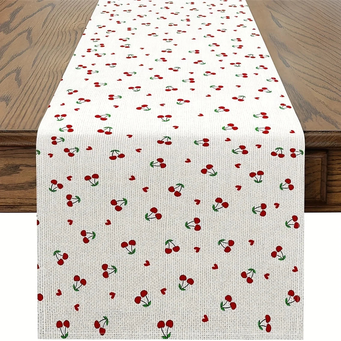 tableau table rectangulaire tissage motifs fruits cerises plantes blanc rouge vert décoration printemps été