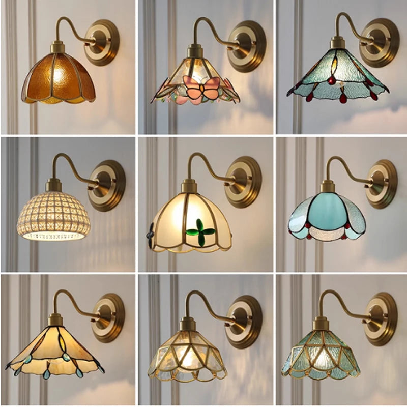 lampe murale tiffany verre coloré art deco floral led or blanc