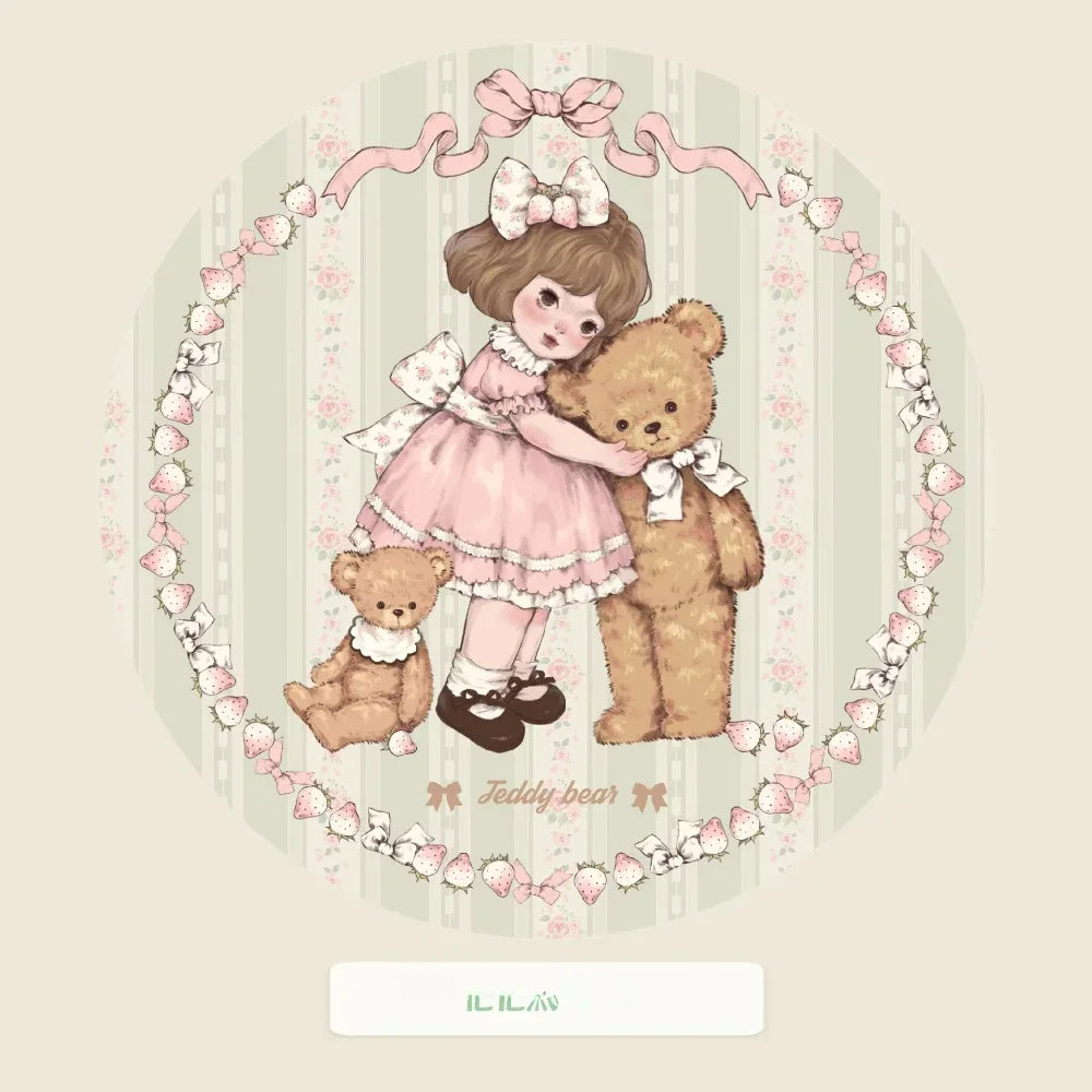 tapis rond illustration fille ours bordure coeurs roses fond rayé vintage romantique polyester