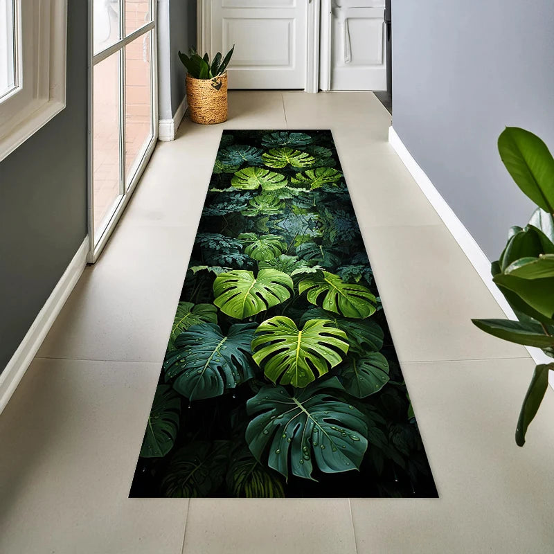 tapis feuilles tropicales vert foncé moderne salon cuisine antidérapant polyester polypropylène durable decoration extérieur