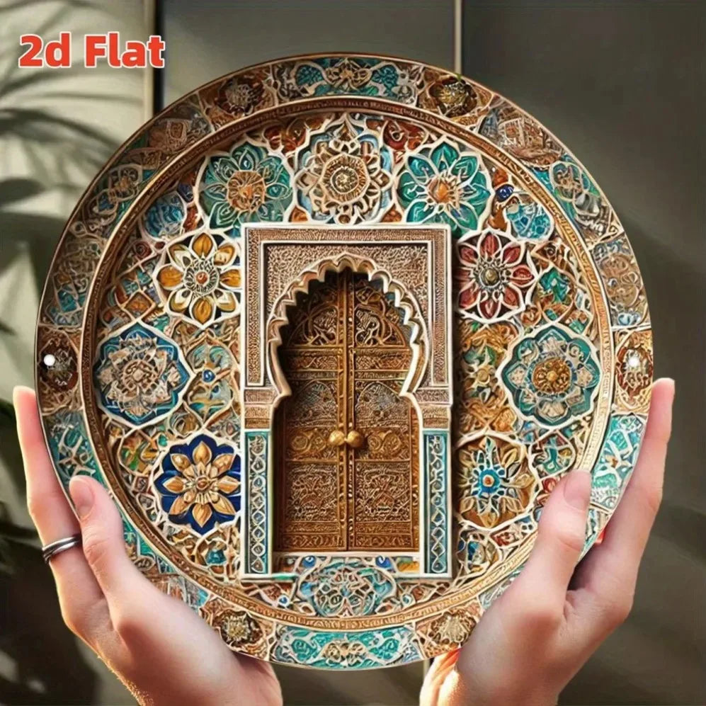 plaque décorative or vert bleu marron ornements floraux géométriques art marocain artisanal aluminium classique