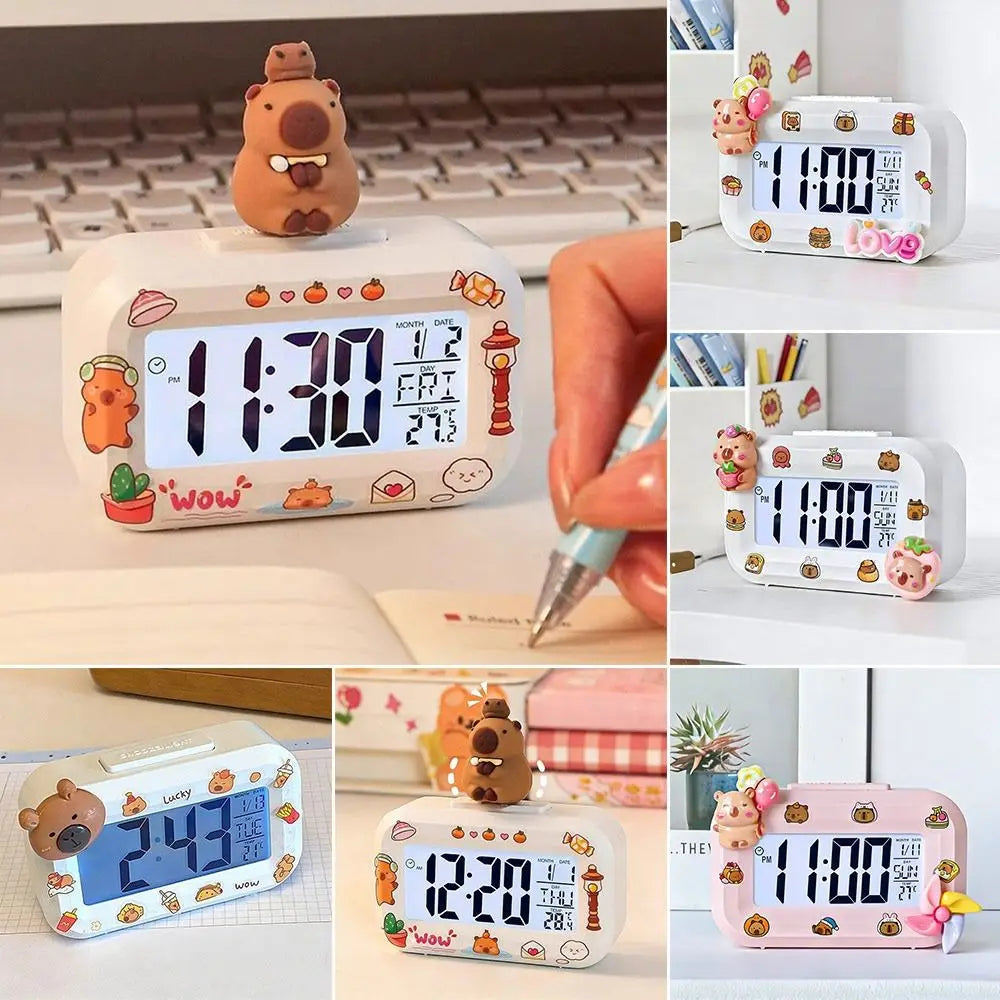 horloge numérique led dessins animés personnages mignons blanc rose marron moderne heure date jour