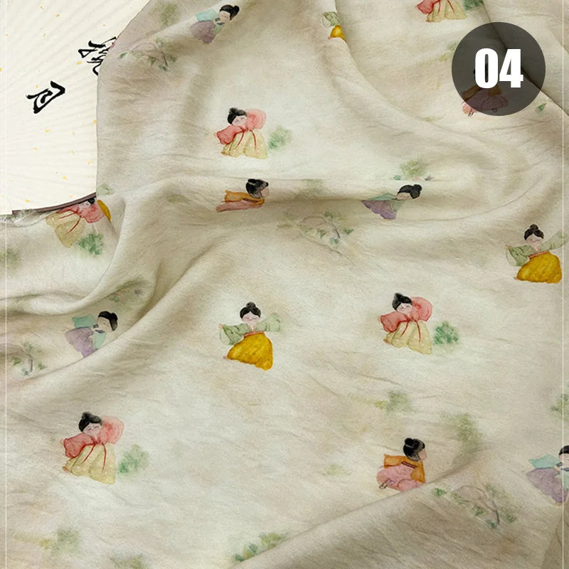 tissu imprimé chinois personnages traditionnels bambous fleurs beige vert bleu rose