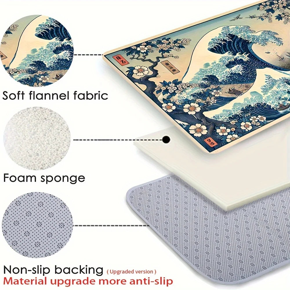 tapis ukiyo bleu beige antidérapant résistant salissure lavable intérieur salon chambre cuisine voyage