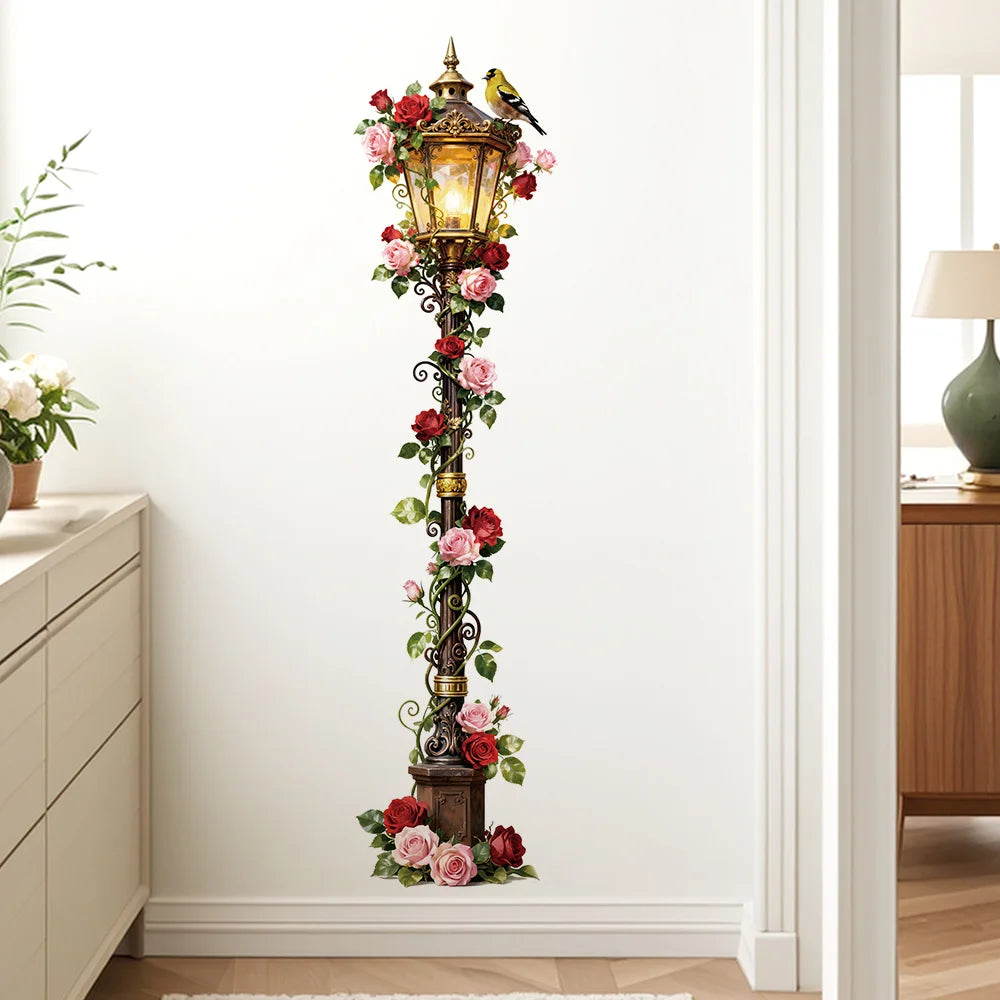 autocollants muraux vintage fleurs roses oiseau romantique doré rose rouge vert adhésif