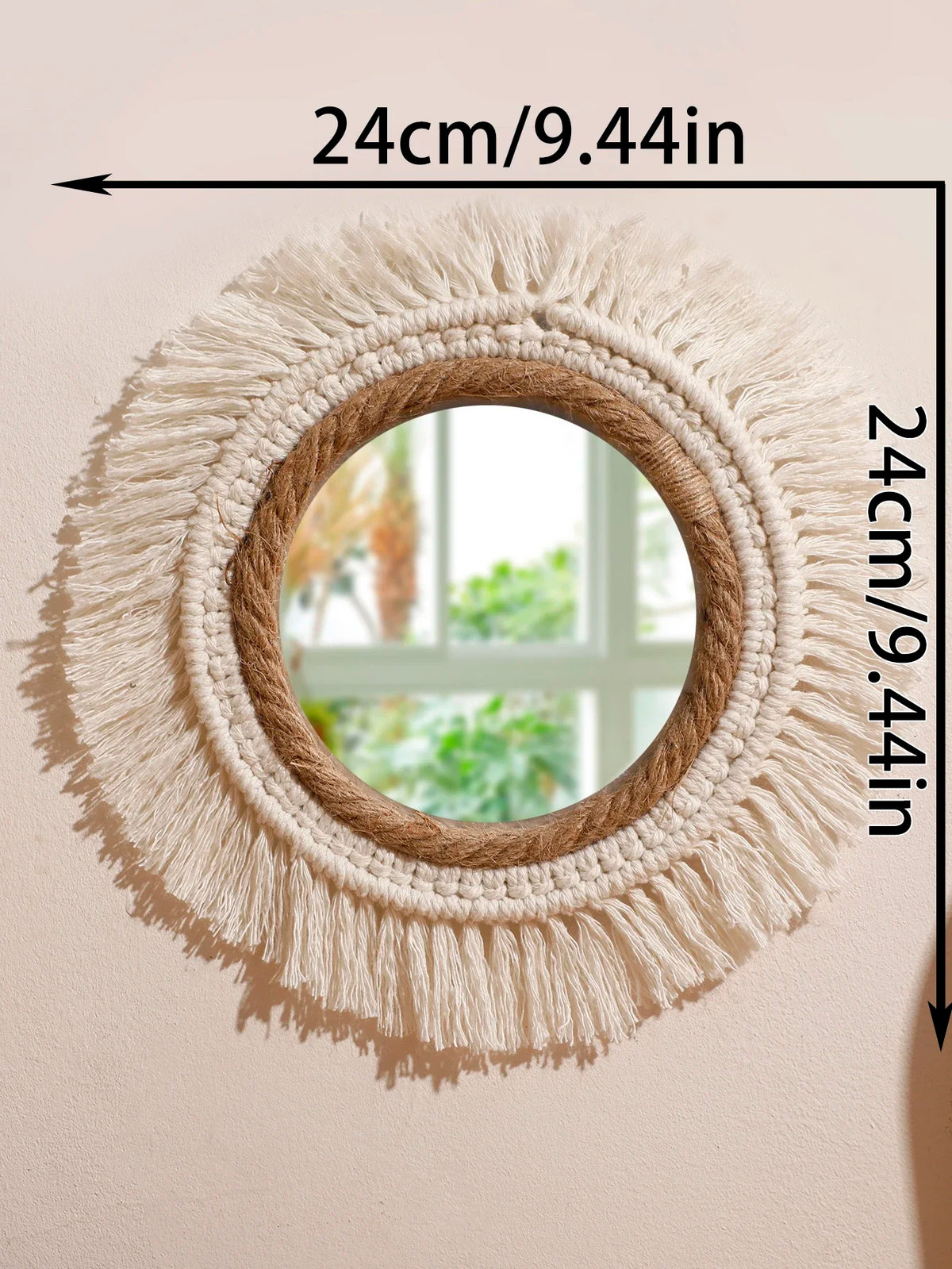 miroir mural bohème tressé franges blanches corde beige clair chambre salon decoration