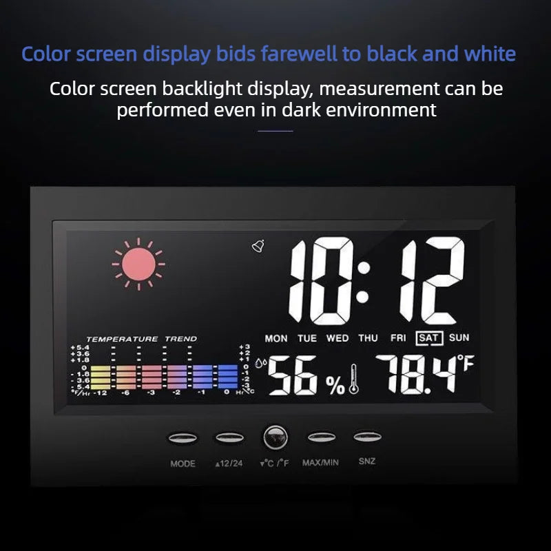 réveil multifonction horloge numérique affichage lcd météo calendrier thermomètre hygromètre moderne noir cable usb