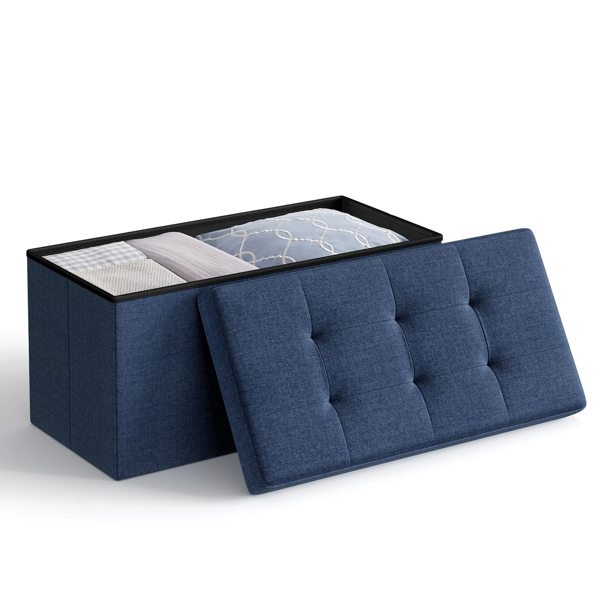 banquette rangement pliable bleu marine tissu boutons carrés moderne intérieur confortable