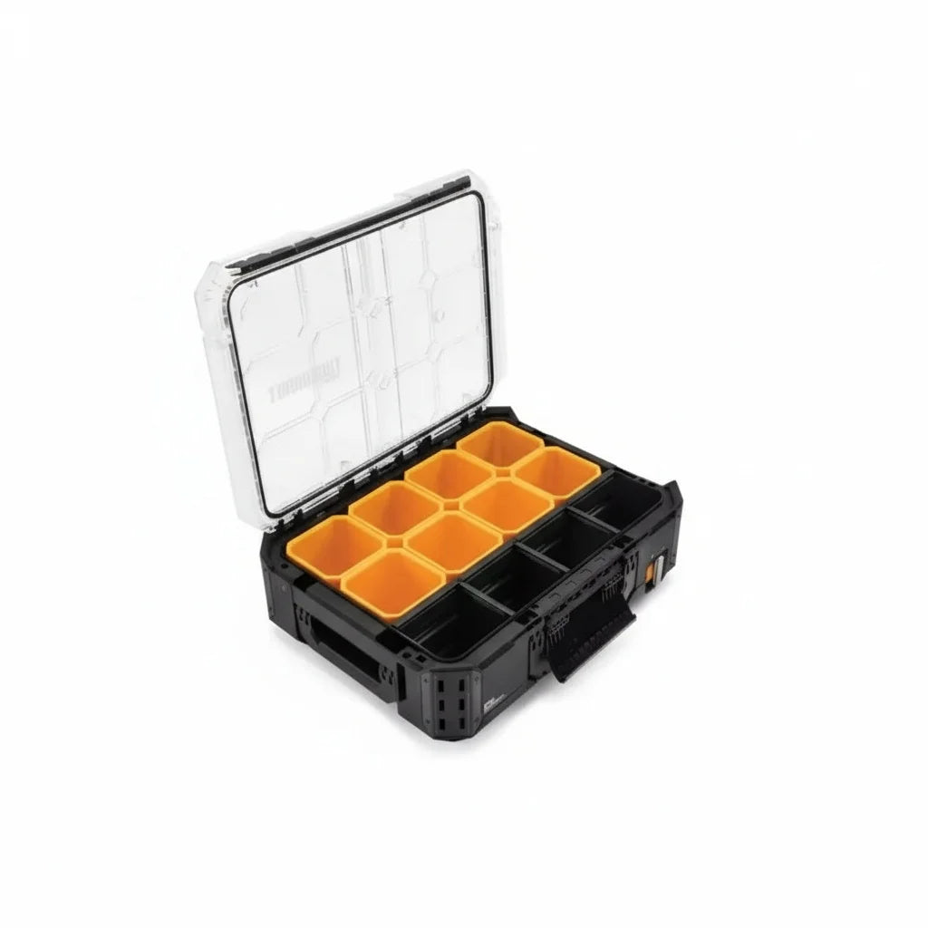 boîte organisatrice compartiments noir orange pragmatique résistante clips adhésif profonds diviseurs verrouillage petits outils