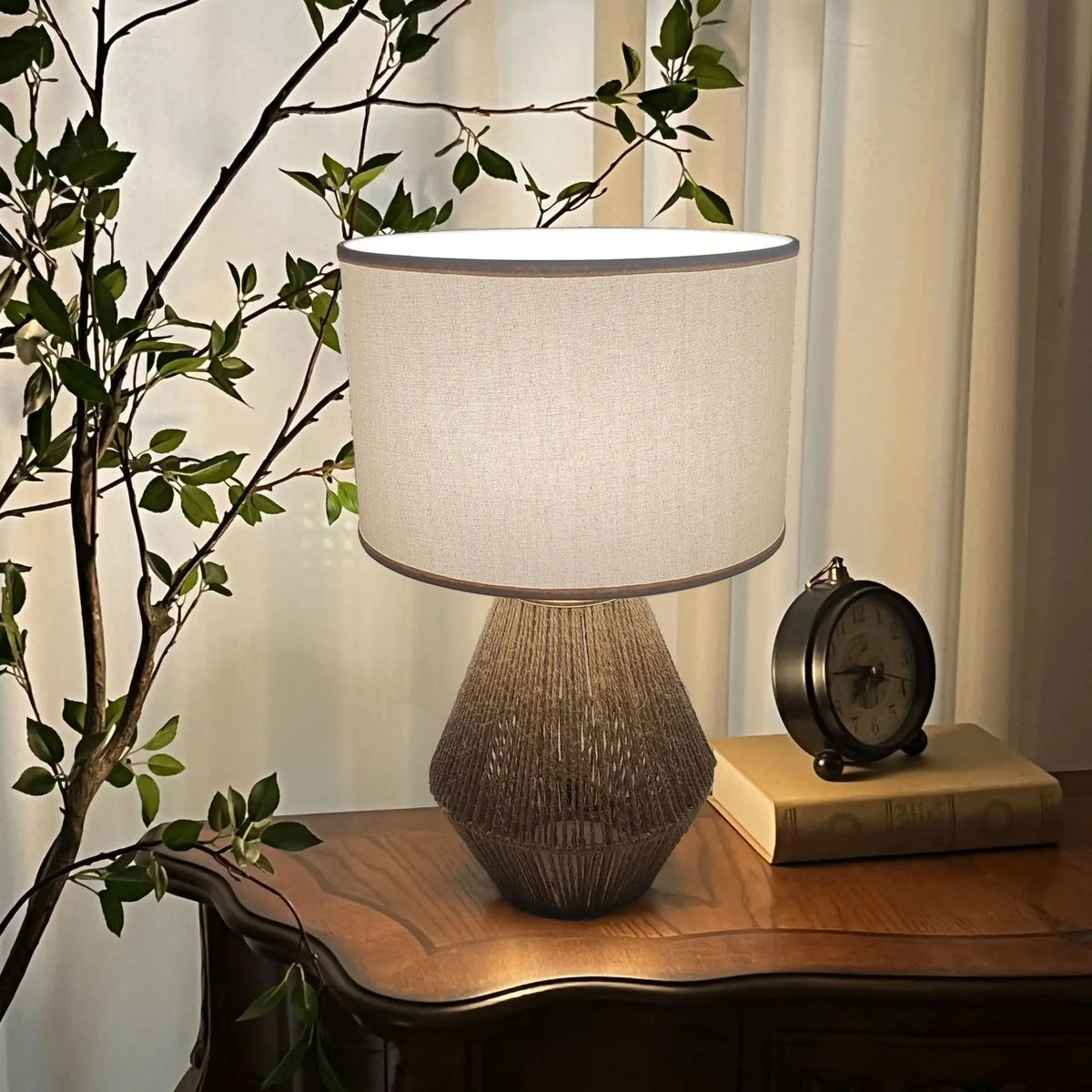 lampe table abat jour tissé marron clair moderne opacité texture naturelle simple