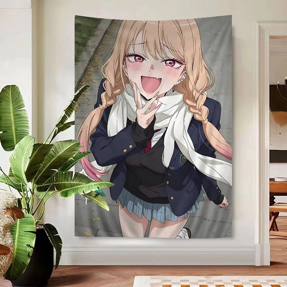 tapisserie murale anime fille rose fleurs coeur décoration chambre bohème japonais textile tissu