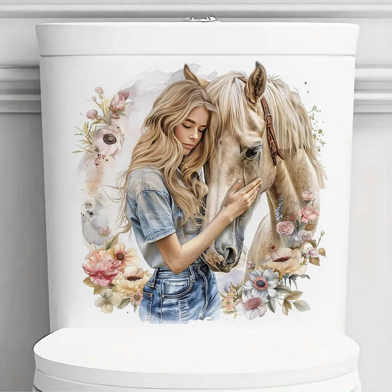 autocollant mural adhésif fille cheval fleurs décoration murale artistique salon maison sticker décoratif