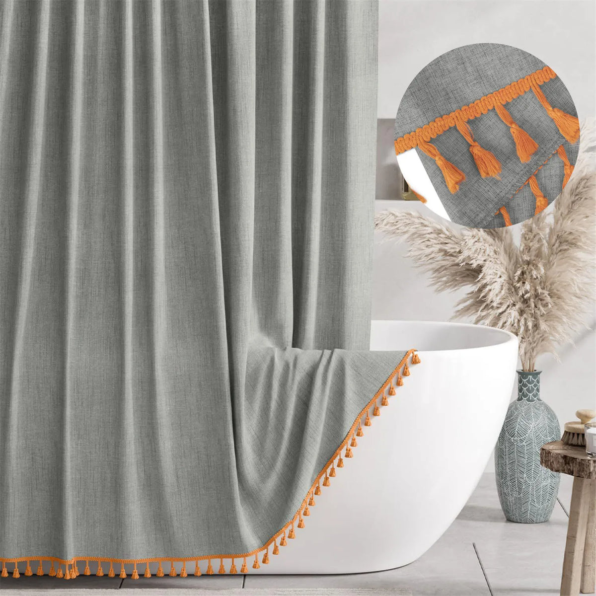 rideau douche moderne gris uni polyester respectueux environnement métalliques(franges oranges)