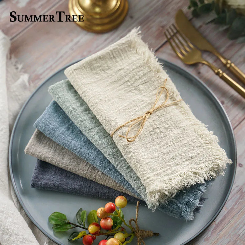lot serviettes cuisine coton rustique beige gris blanc rose franges ruban jute décoration table