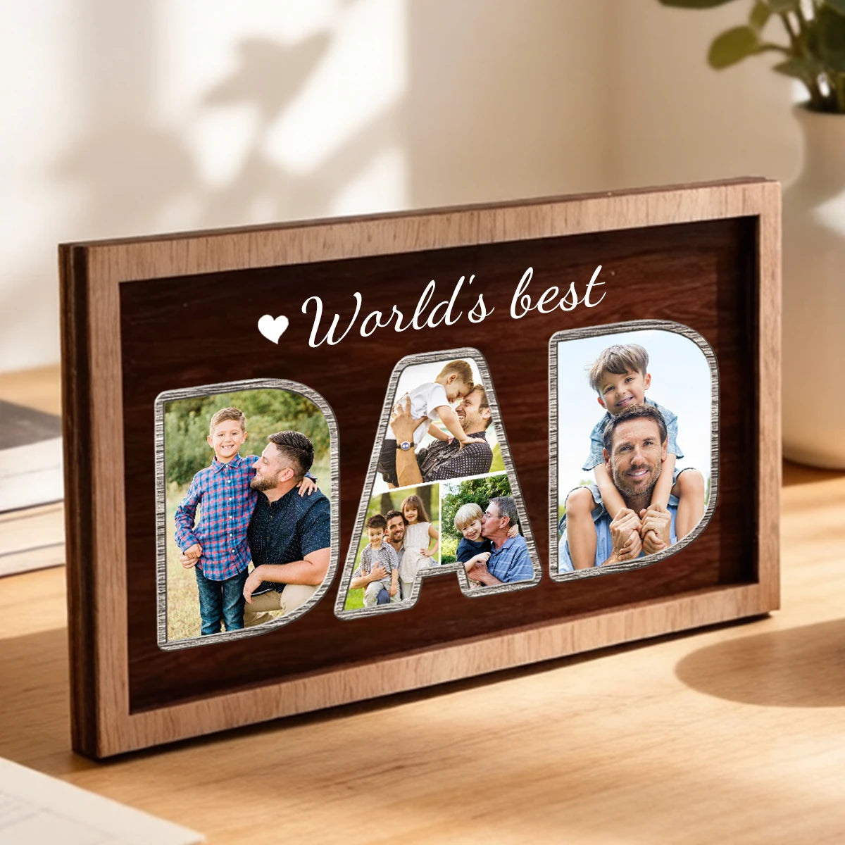 cadre photo personnalisé bois marron décoration familiale texte dad world's best